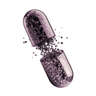 A split capsule releasing small spherical particles, creating a dynamic and visually appealing effect.