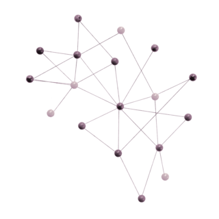 A network of interconnected nodes, featuring varying shades of purple, illustrating relationships or connections in a geometric pattern.